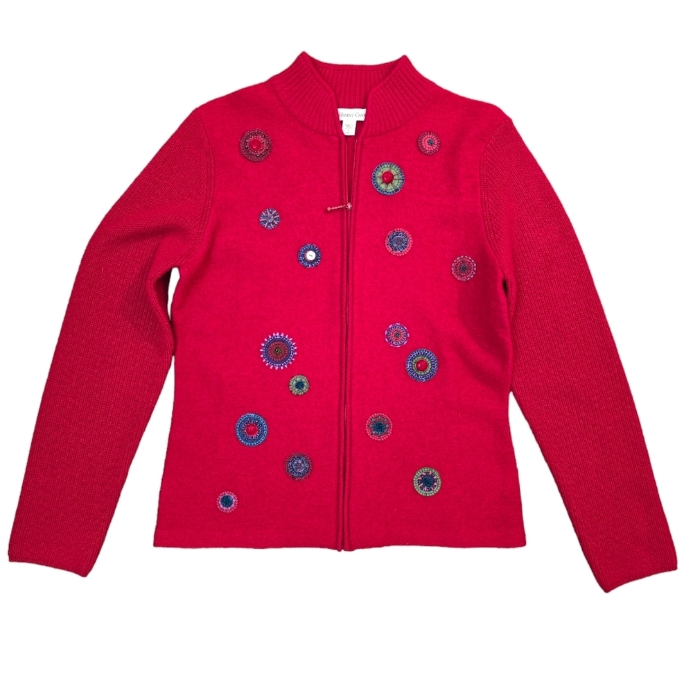 Coldwater Creek 100% Wool Red Circles Embroidered Beaded Zip Up Jacket Size SM